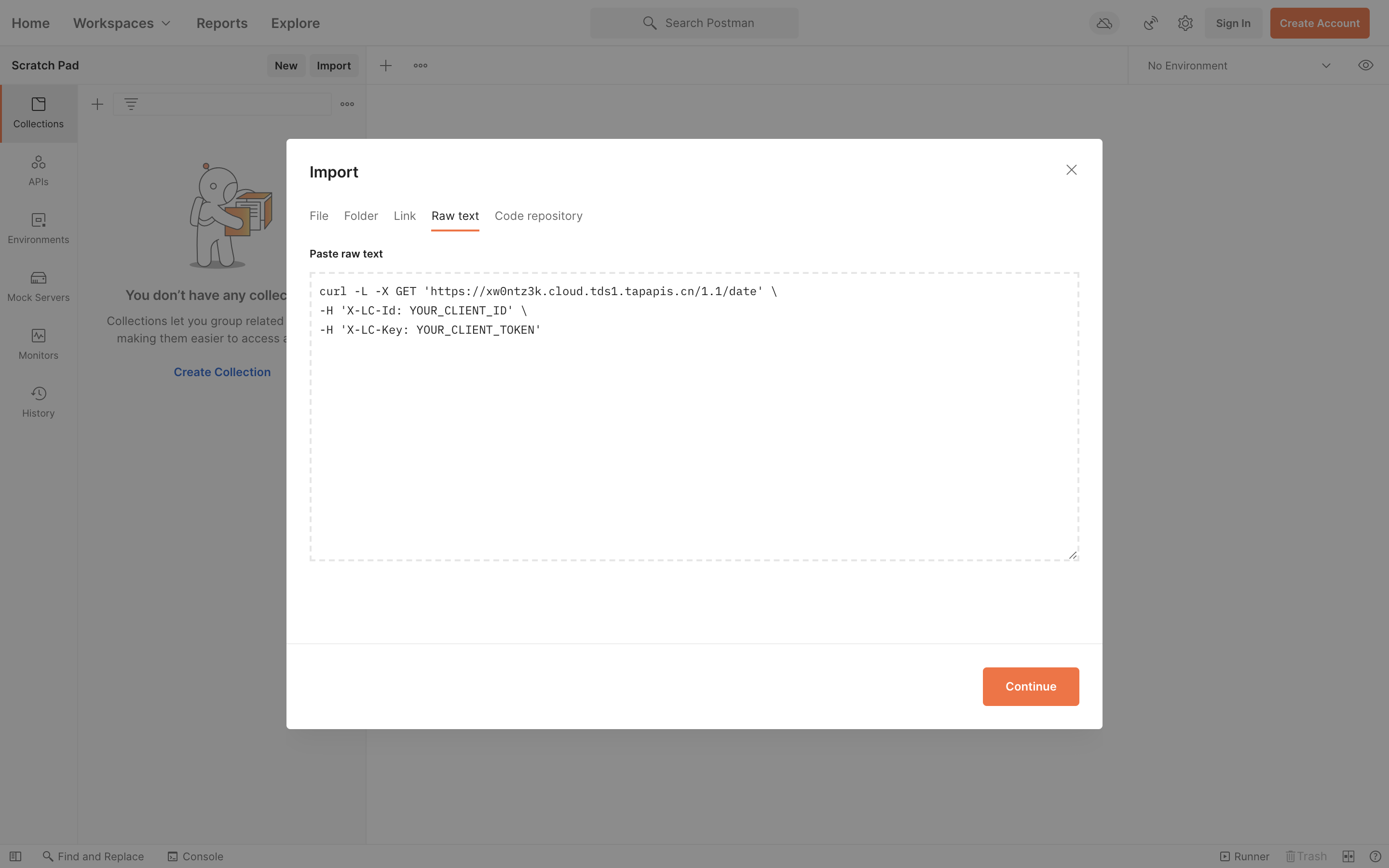 Postman 中点击 Import 按钮,在「Raw Text」标签中粘贴 curl 命令